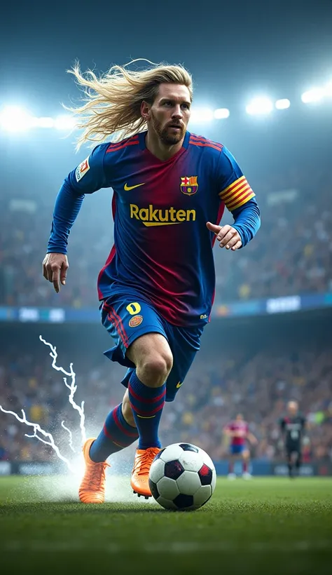 A hybrid of Messi and Thor ,  with long blond hair , blue and red uniform with gold details running with a ball that releases electrical sparks, in a floodlit stadium with the crowd vibrating .