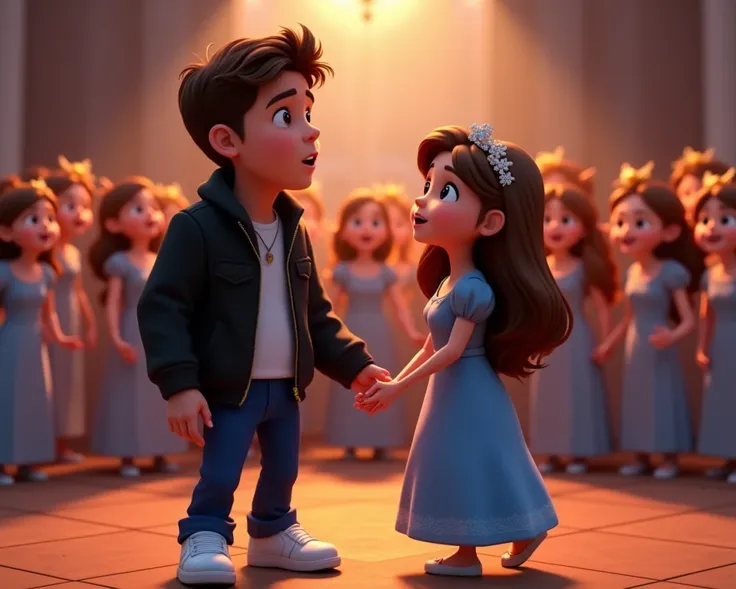 An adult singer with dark brown hair ,  wearing a black jacket , blue pants and white sneakers,  sings with a choir of angels in the background behind him , While the adult princess with brown hair and blue dress watches in love, They are made in Pixar Dis...