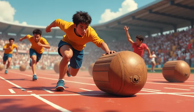 Ryan pushing a wooden ball across the finish line with strength, while other contestants struggle with their heavy blocks. The crowd cheers