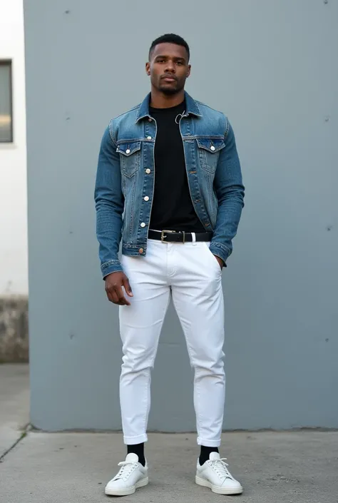 Realistic photography of a man standing in front of a gray wall. muscular body, He is wearing a blue jean jacket, a black t-shirt, and white pants. His shoes are white, and his socks are black. His hair is short and black, and he has a black belt tied arou...