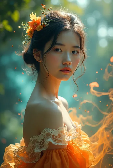 a beautiful asian woman combined with the charm of nature and splashes of colorful colors and colorful smoke made by serulism method