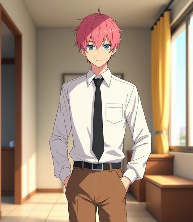  A 25-year-old anime-style man , anime To love ru,  low lighting ,  standing in the corridor of the living room , On the third floor of a white building with beige tiles in Shibuya City, Hazelnut-colored furniture surrounds the living room, The windows are...