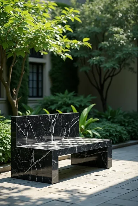 can you create a black marble bench with a chessboard-style school desk in front, in a green space