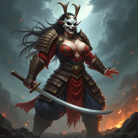 hyper-realistic A woman with NSFW huge breast cosplaying as Juggernaut from Dota 2, wearing a detailed samurai-style armor with brown and red accents, a white menacing modern oni-like mask, and wielding a curved katana. He stands in a dynamic battle pose, ...