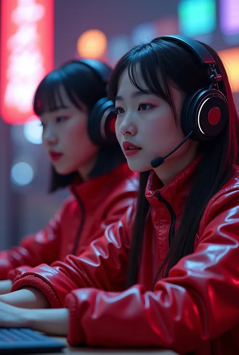 a close up of two women in costumes playing a video game, a screenshot inspired by Pu Hua, trending on cg society, auto-destructive art, lunar themed attire, chrome outfit, scandy and arender, cyber punk setting, in - game, in-game, wearing red attire, med...