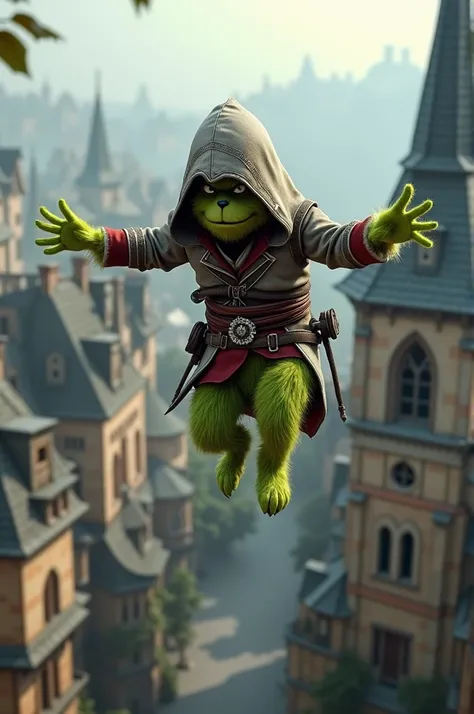  Create an image of a furry mini Grinch wearing the Assassins Creed costume hyper -realistic 30k resolution image like the video game Assassins Creed, The furry mini Grinch in the Assassins Creed costume is taking a leap of faith from a church in a village...