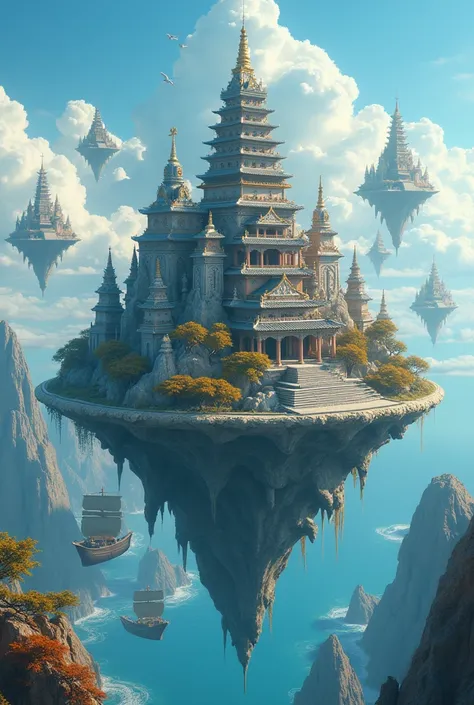 A fantasy asian temple city island floating in the sky, floating islands surrounding, viking ships in blue sky, detailed architectural design, highly detailed, 8k, masterpiece, cinematic, dramatic lighting, digital art