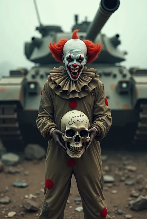  Creepy clown in front of a war tank, holding a skull written Junior 