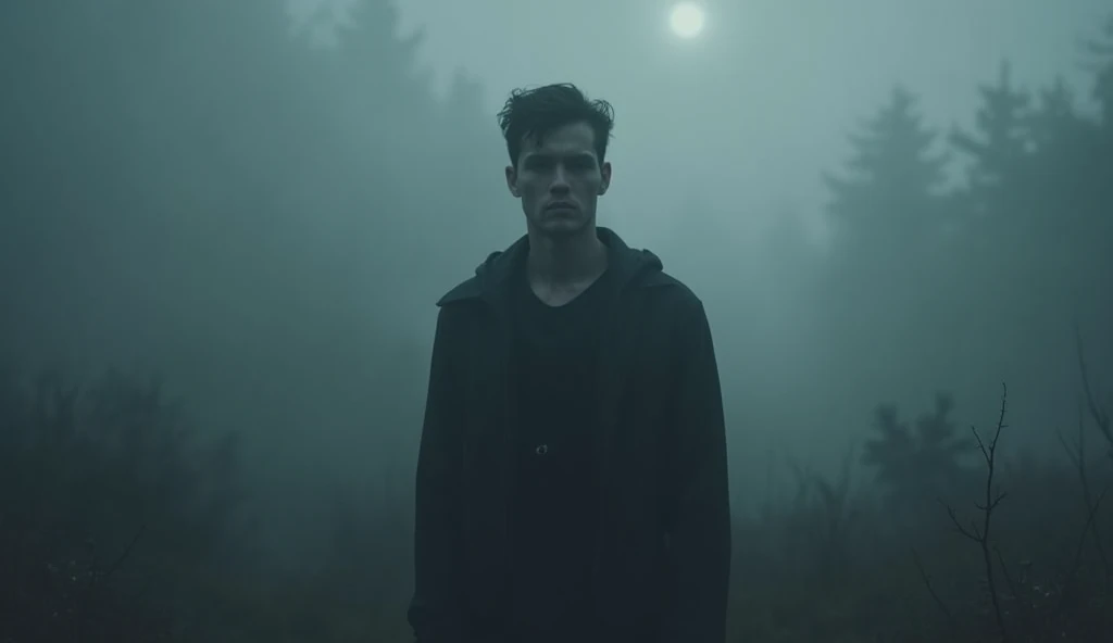 20-year-old man on a dark background with a lot of fog 