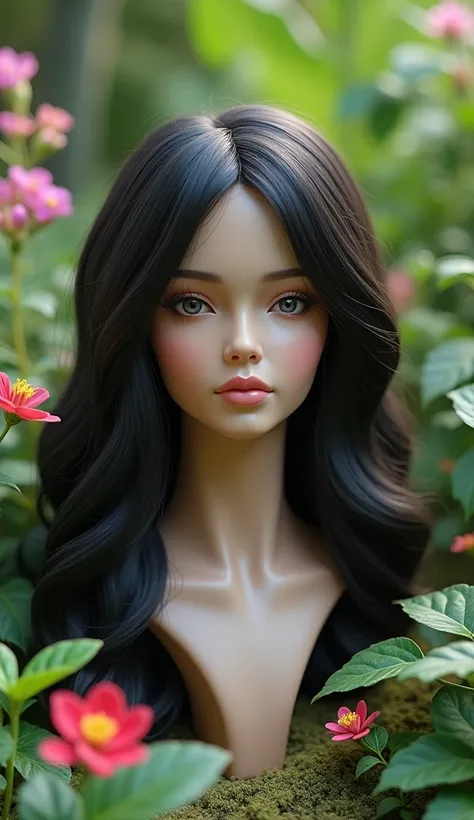 A mannequin of the head of a beautiful long-haired latina realistic woman is displayed in the middle of the garden, her hair is spread around her head , zoom out