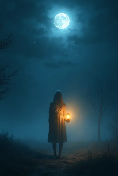 Shadow of light; mysterious human with a lamp in hand; moonlit night