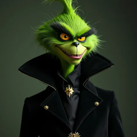  A fusion of Grinch and vampire would be slim ,  elegant and eerie . Poisonous green ,  velvety fur ,  high cheekbones and hypnotic yellow eyes give him a mysterious aura.  A mischievous Grinning with long vampire teeth enhances the gloomy elegance .  Dres...