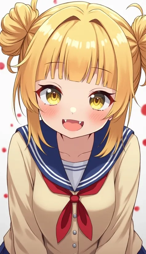 1girl, toga_himiko, solo, double_bun, blonde_hair, yellow_eyes, hair_bun, teeth, bangs, tongue, school_uniform, blunt_bangs, slit_pupils, looking_at_viewer, messy_hair, cardigan, smile, tongue_out, open_mouth, long_sleeves, blood, serafuku, upper_body, fan...