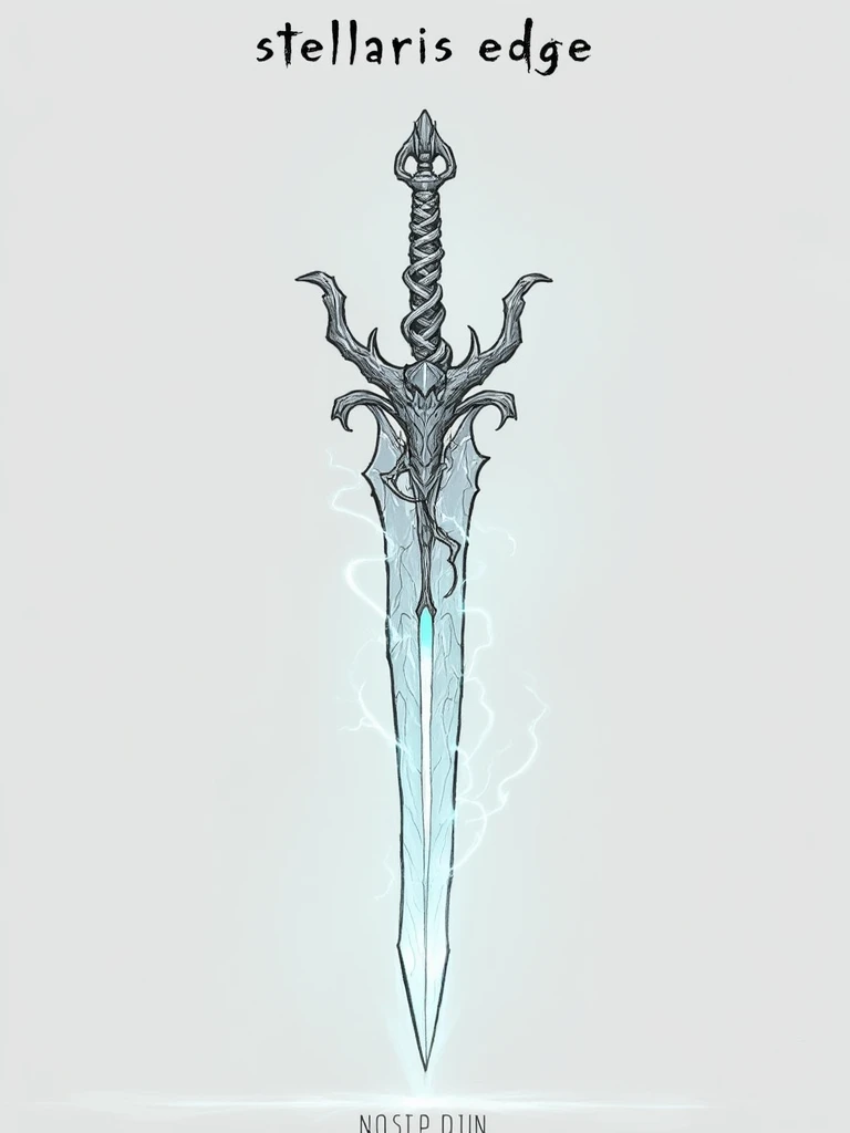 A dynamic, sketch-style concept art of an intricate sword, elegantly suspended mid-air with its blade pointing upwards. The swords design is a harmonious blend of futuristic and organic elements, with the hilt resembling the coiled form of a dragon, its me...