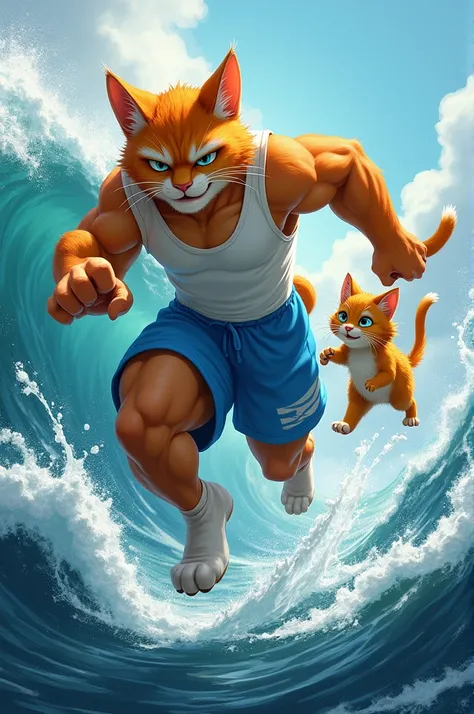 Scene: The Strong  Young cat jumps into action. With his strong legs in blue shorts, he leaps toward the kitten, reaching out just in time. His eyes are full of determination and love for his family.

Animation Idea: The Strong youth cat, in his blue short...