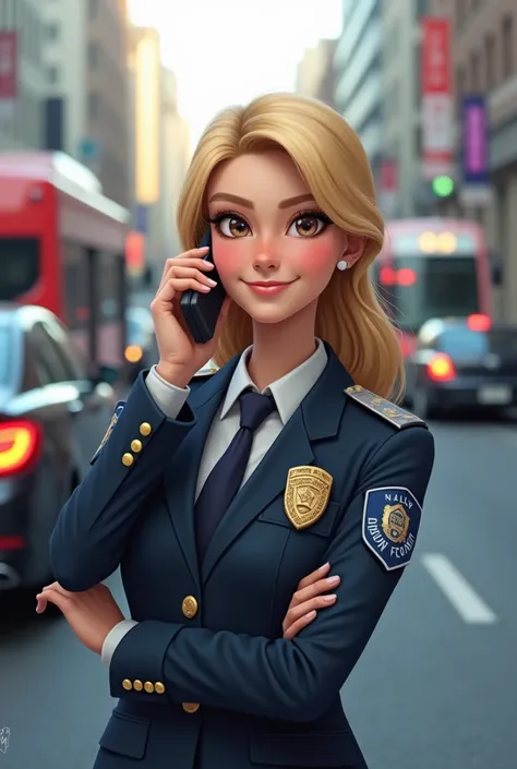  Security woman in uniform, blonde in uniform and cheerful , calling someone, In the background cars 