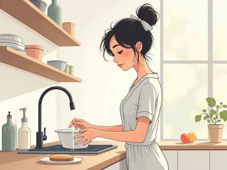 An illustration of a young girl who is 25 years old. She is washing dishes in the kitchen. She is wearing casual pajamas and is in a messy bun. Her expression should be a little thoughtful. The kitchen is minimalistic yet beautiful and clean.Accurate, From...