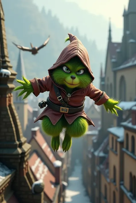  Create an image of a furry mini Grinch wearing the Assassins Creed costume hyper -realistic 30k resolution image like the video game Assassins Creed, The furry mini Grinch in the Assassins Creed costume is taking a leap of faith from a church in a village...