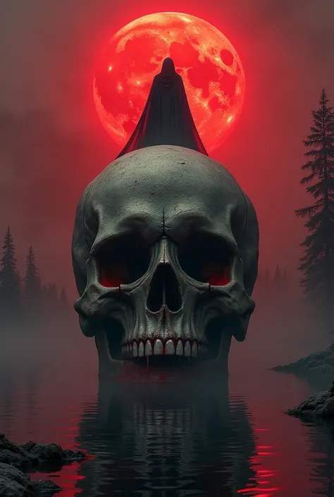 horror theme,   skull of rock, middle of the lake, red moon, blood coming out of skull eyes, view from lake side , front view of skull, red fog covering sides, shadow figure on the top of big skull,  half submerged in water, 
