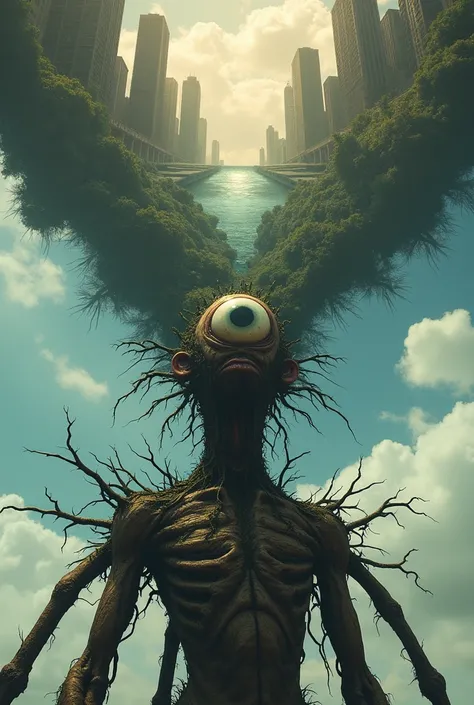 "Beneath a partially inverted cityscape in the sky, a mutant hybrid creature looms, weeping toward the heavens. Its face is a giant human eye, while its torso is covered with spider legs, and its shoulders are entwined with roots that seem to grow into the...