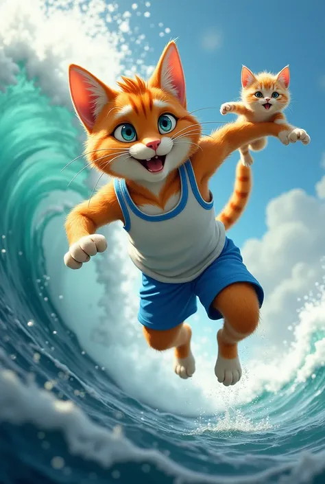 Scene: The Strong  Young cat jumps into action. With his strong legs in blue shorts, he leaps toward the kitten, reaching out just in time. His eyes are full of determination and love for his family.

Animation Idea: The Strong youth cat, in his blue short...