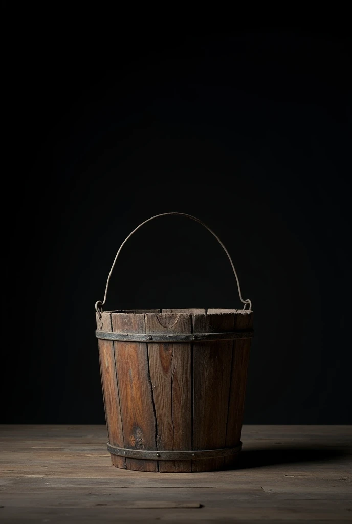 wooden bucket , from below, extreme low angle shot, black background, ultra resolution