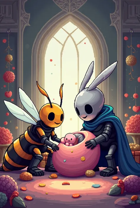 Hollow knight characters having a baby shower
In pixelart style