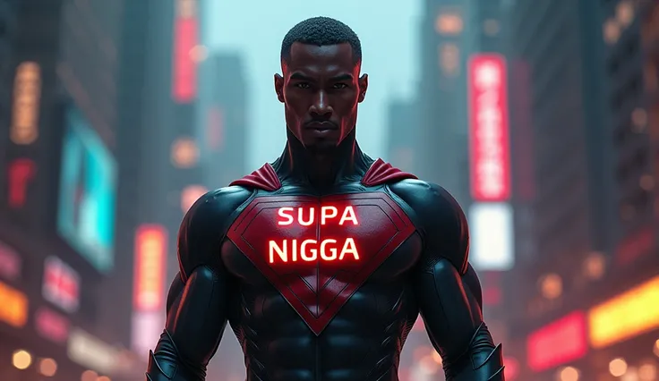 create a slim black superhero with the words "SUPA NIGGA" on his chest