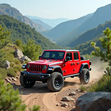 The image depicts a vibrant red off-road vehicle, likely a Jeep, driving along a dirt path in a scenic landscape. The background features lush greenery, hills, and rocky terrain, emphasizing an adventurous outdoor setting. If you have any questions about o...