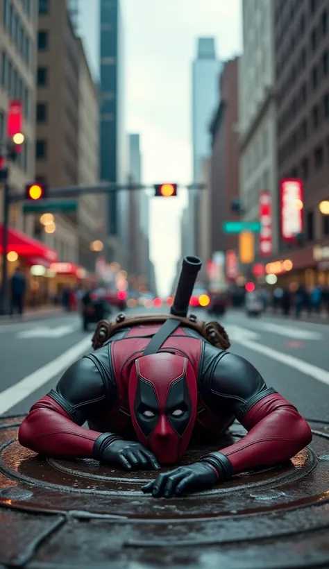 The image is a still shot from Deadpool .  The main character, Deadpool, appears lying on his back on the cover of a sewer manhole in the middle of a busy street.  wearing a distinctive red and black suit with a mask covering his face and arms .  His eyes ...