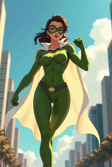 Animated super hero named Ladiet with white cape and olive green suit 