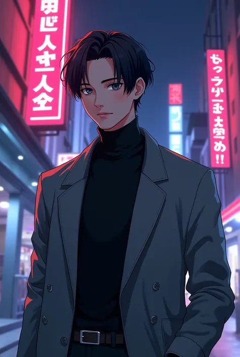 anime guy, 22 years old, in a black turtleneck and a grey coat, with short hair,   neon sign in the background "Guimellogxd"