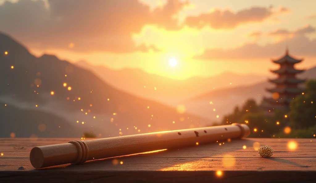 A highly realistic thumbnail concept for a Tibetan healing flute music video. The thumbnail features a serene Tibetan mountain landscape at sunrise with soft golden light illuminating the scene. A close-up of a traditional Tibetan flute is placed on a wood...