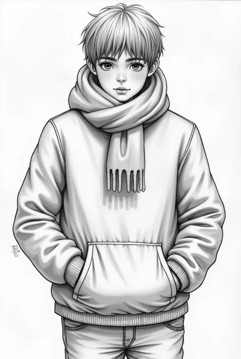  Make me a simple pencil drawing of a teenager in love.  Its supposed to be winter and he has his hands in his pockets , His face is hidden in the collar .  Its supposed to be cold outside and his cheeks are slightly reddened  