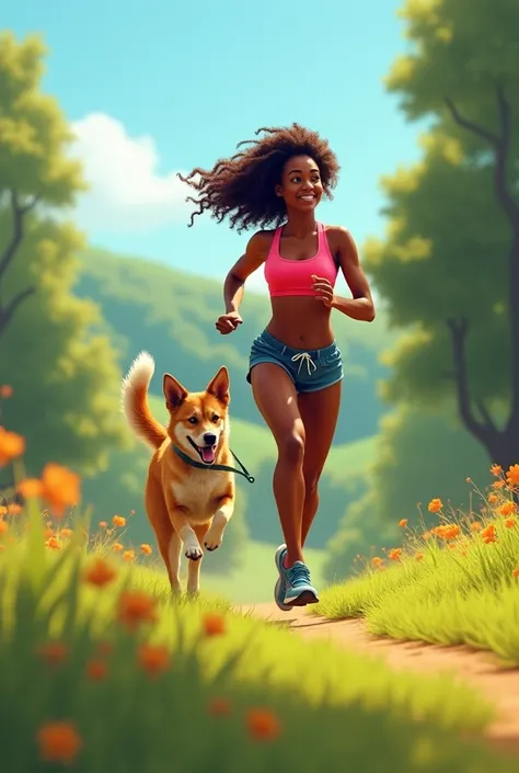 African American beautiful  runing with her dog