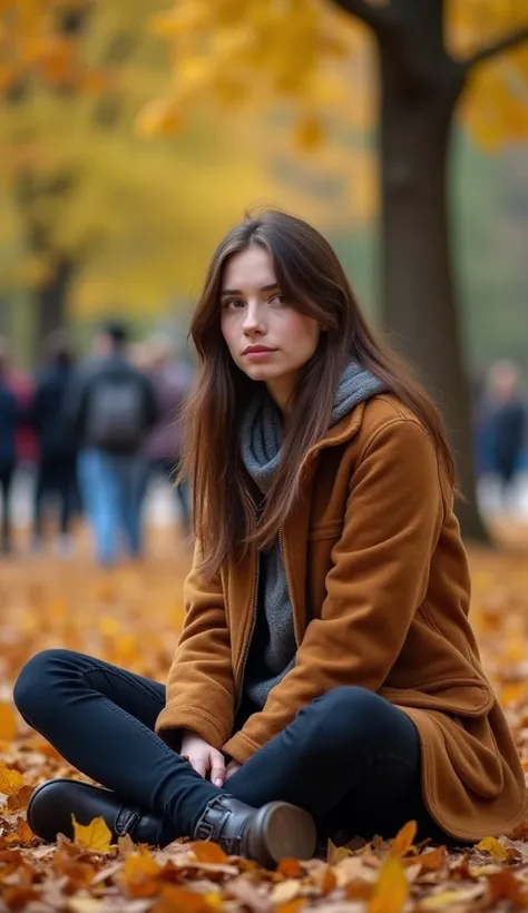  realistic photograph of a young woman , approximately 25 years old, with brown hair,  brown-eyed , of mixed ethnicity ,  sitting alone in a park during autumn ,  with leaves falling around . she seems thoughtful,  but a group of people in the background g...