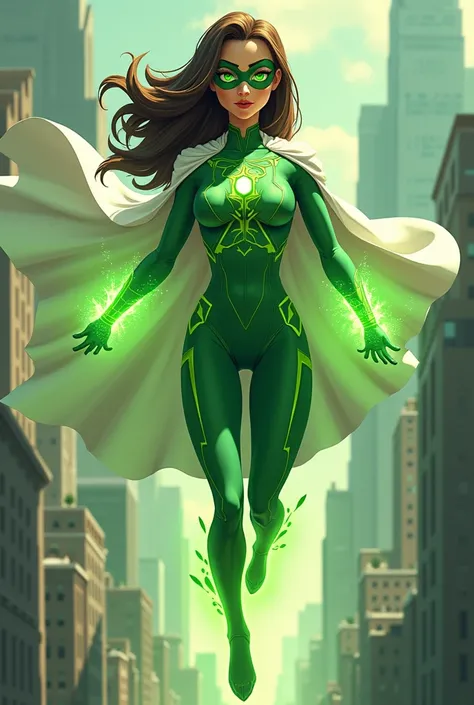 Recreate a character consisting of an animated superhero woman named Ladiet with a white cape and a green suit