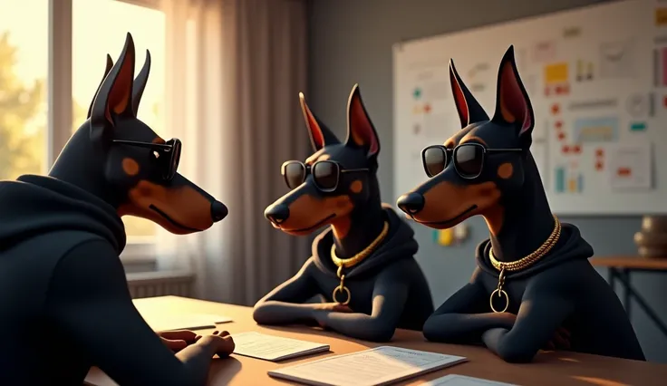 Multiple hyperrealistic Dobermans wearing a black hoodie, sunglasses and golden necklaces. sitting by the table business meeting, looking at a vision board covered in ideas and crypto icons. A soft sunrise filters through a window.