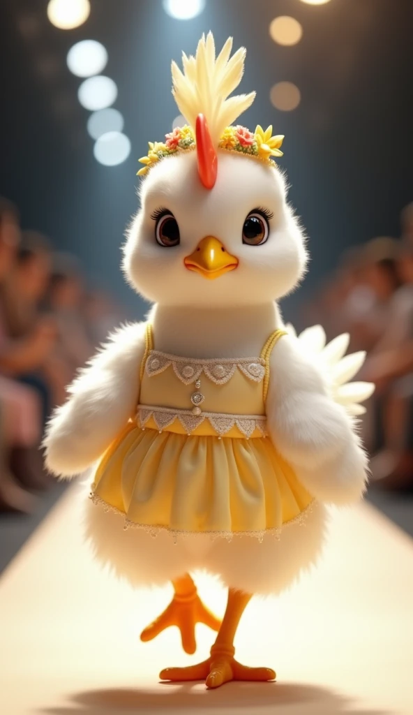  An ultra-realistic image of a super cute chicken , with soft white feathers ,  slightly golden on the ends ,  giving her a soft and adorable appearance .  She is wearing a charming fashion outfit ,  with a delicate dress in shades of yellow and white ,  a...