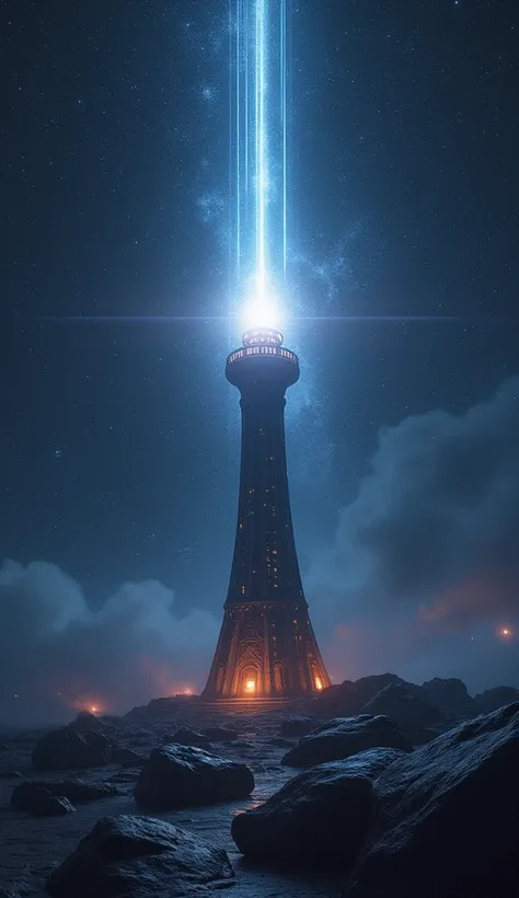 So, next time you hear Quasar, think of it as a cosmic lighthouse powered by one of the universes most extreme phenomena! Illustrate a cosmic lighthouse emitting intense beams of light in a starry space environment