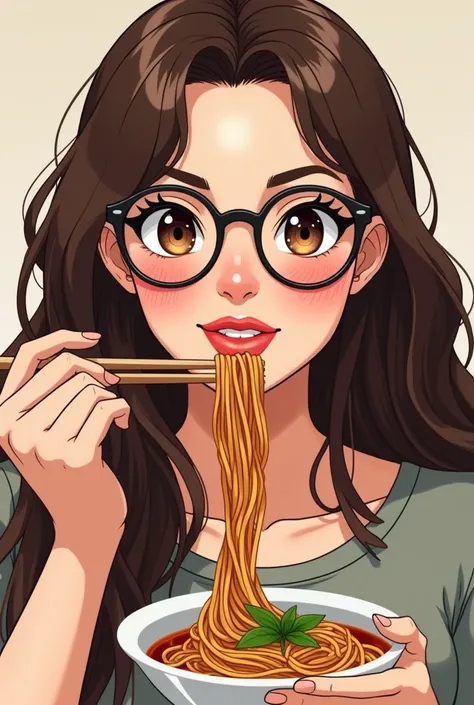  I want to illustrate my own photo .  My hair is long coffee-colored ,  My lips are normal size .  My muscles are normally thick . Gozleurm coffee color .  I wear oval glasses .  I want a photo of myself eating ramen with a chopstick but not a dinner plate