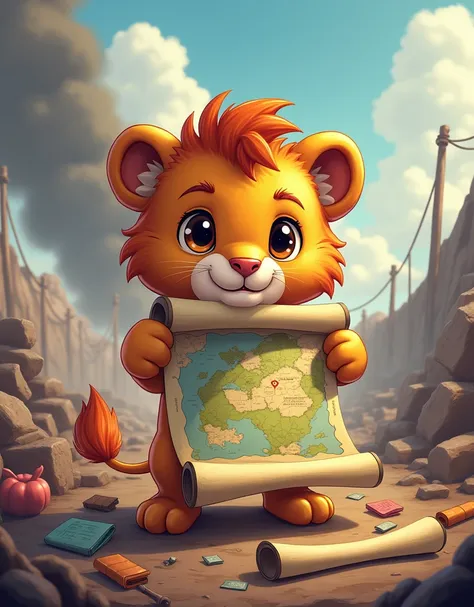 create a comic style (realistic), 2d page, CUTE lion cub with big red Ariel that showing an open battle scroll, map on scroll and some scrolls (different colored) are also there in basket that fallen down on ground near to him, battle field background