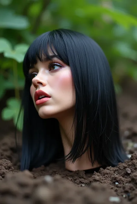 A beautiful latina womans disembodied head with very long bushy hair is lying on tengah kebun. The head is lying on the wet mud tilted to the side. Side view of the head. No neck no shoulders. She has beautiful straight thick smooth silky black bob hair wi...