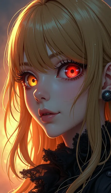 ( red eyes,  yellow eyes ), black lace , ((  right eye red , left eye yellow  )),  beautiful blonde villain  , ((  long-haired blonde, bangs on the forehead)),  half-turned ,  raised her head up,  golden long hair with bangs, ((Heterochromia, (  right eye ...