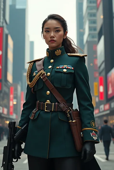 beautiful woman aged 25. wearing complete military uniform. complete weapons. metropolitan city background