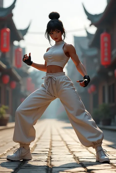 a close up of a person in a white outfit on a street, a statue inspired by Leng Mei, featured on reddit, furry art, posing for a fight intricate, from overwatch, as a character in tekken, ps 5 gameplay, fighting game character, thicc, skin on the gaming pc...