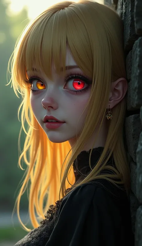 ( red eyes,  yellow eyes ), black lace , ((  right eye red , left eye yellow  )),  beautiful blonde villain  , ((  long-haired blonde, bangs on the forehead)),  half-turned ,  raised her head up,  golden long hair with bangs, ((Heterochromia, (  right eye ...