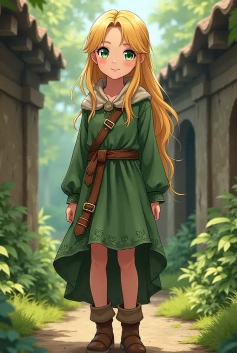 An anime girl, young adult, cute, full body, blond, green eyes, viking age styled citizen cloth, green wear and brown boots standing