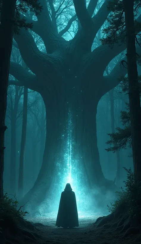 Man wearing a cloak in the forest next to a huge ancient tree from which a bright divine light comes out at night