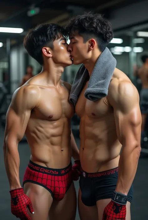 Handsome and sexy Chinese Teenageer, teen, young, boy, shirtless, Towel spiderman around the neck, Spiderman underwear open on one side and showing his sixpack abs, muscular, sixpack, young, front view, Korean idol, biceps and triceps, Spiderman gloves, ph...